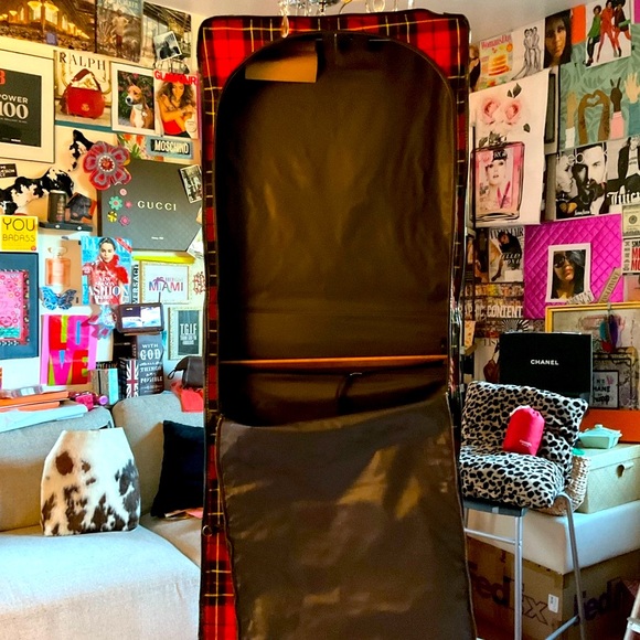 Mid Century 50s Vintage Hanging Red Tartan Plaid Luggage Garment Bag - Picture 9 of 15